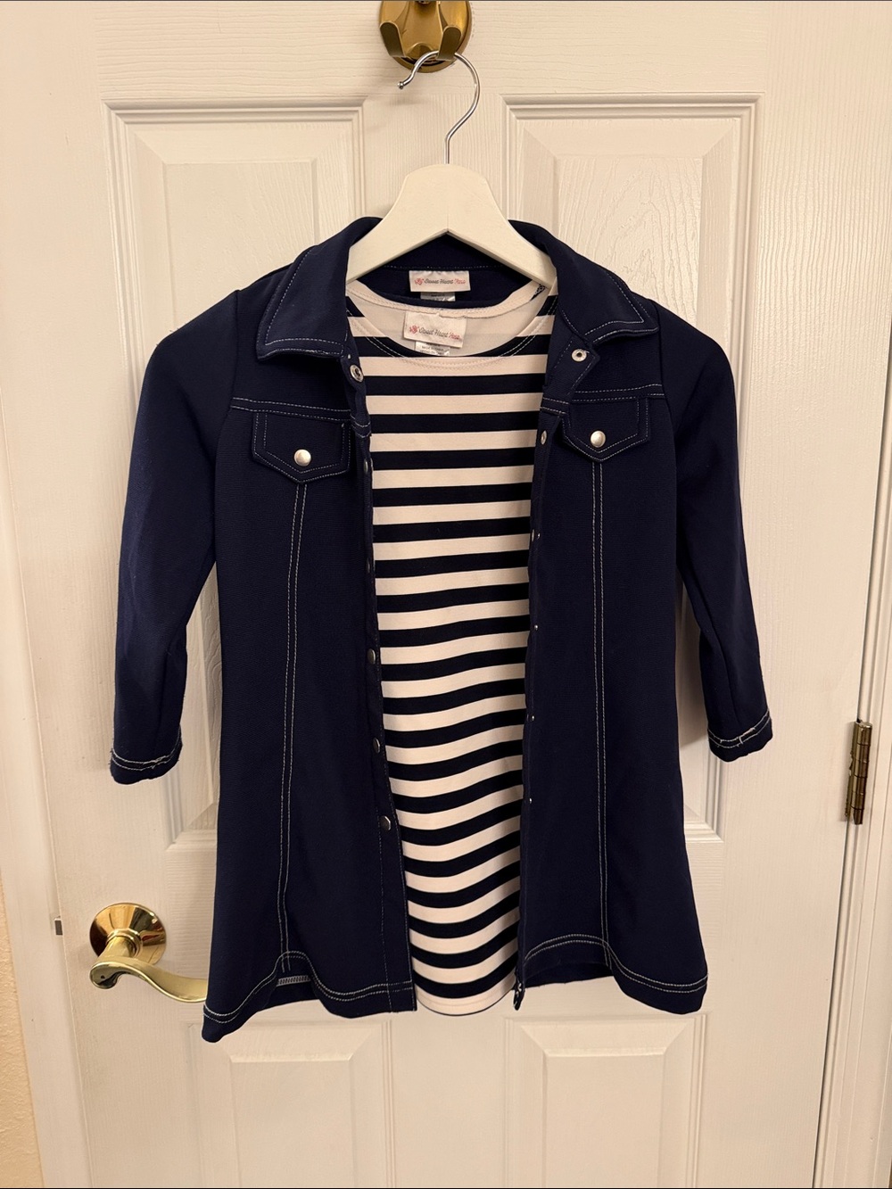 Sweet Heart Rose Navy Jacket with Navy Blue and White Striped Dress